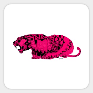 pink wild mexican king tiger in ecopop with totonac magical patterns in floral folk art Sticker